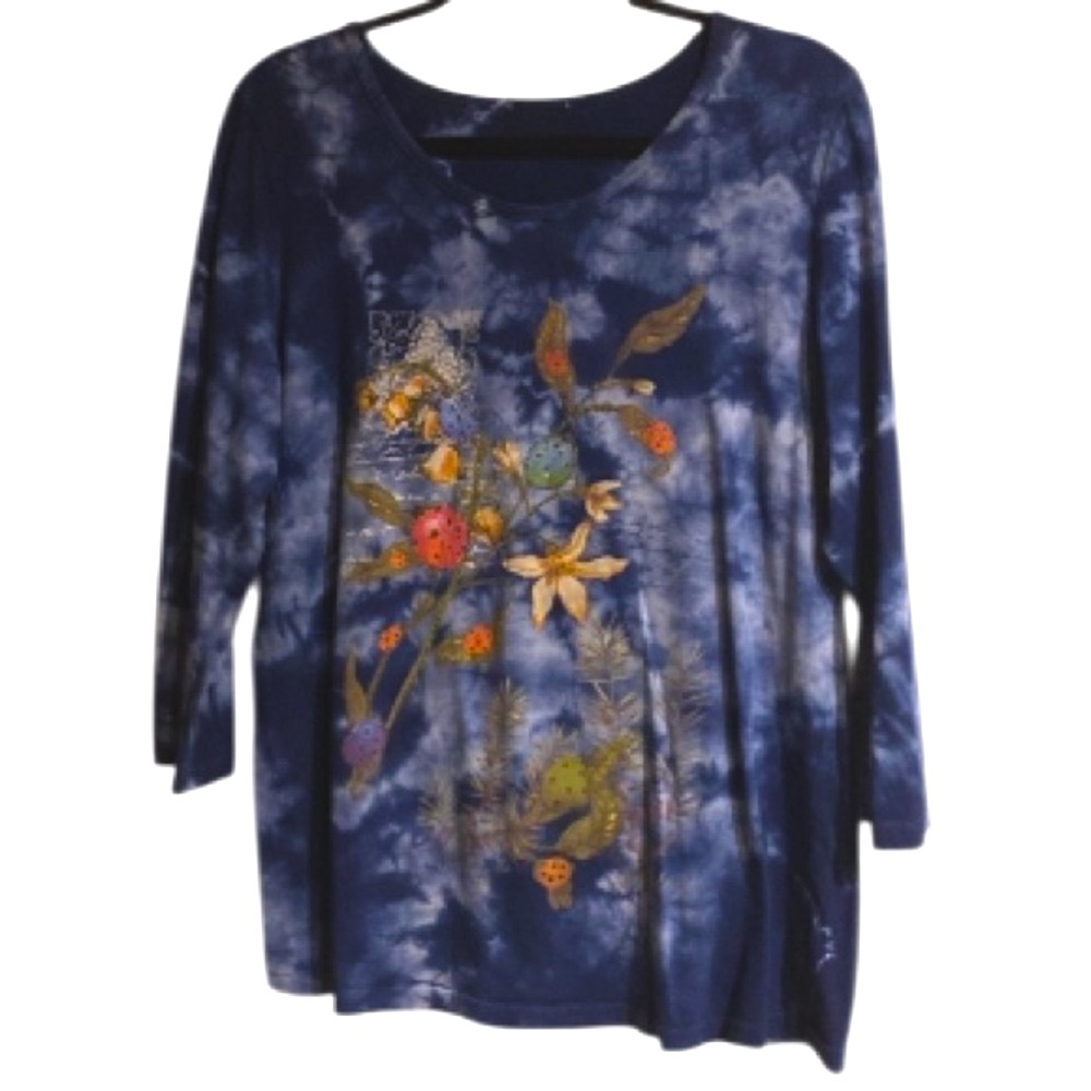 Artisan Made Blue Tye Dye Floral Top! Size 2X - Picture 2 of 2